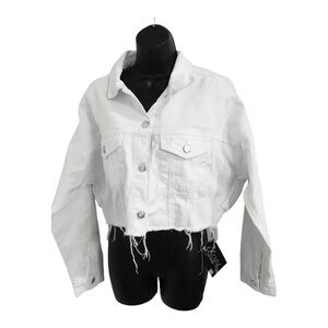 White denim crop distressed shredded frayed hem‎ bomber jean jacket size medium